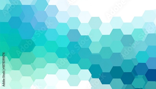 Hexagonal mosaic pattern with cool blue and green hues against a white background, fading towards lighter shades