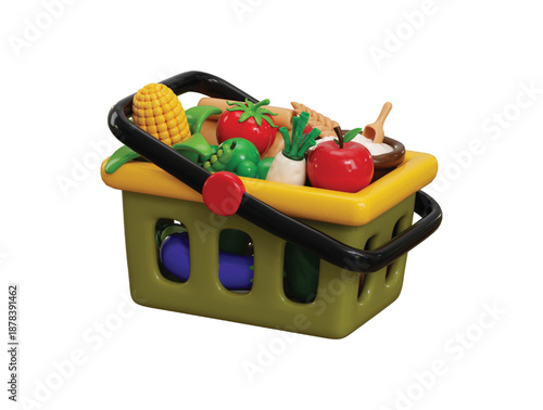 Shopping basket with groceries icon 3d render concept of Shopping basket with fruits, vegetables and groceries item icon vector illustration 