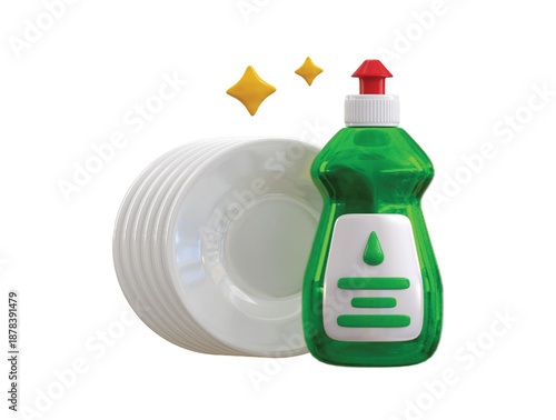Dish washing liquid soap with clean sparkling plate icon 3d render concept of clean plate with green dish soap bottle icon vector illustration