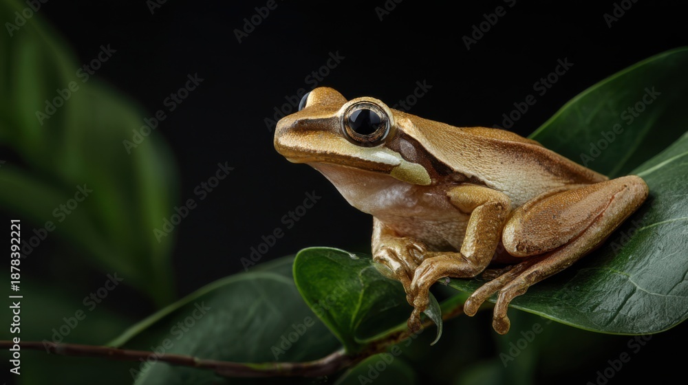 Fototapeta premium Close-Up of an Olive Green Frog Relaxing on Leaf in Dark Setting