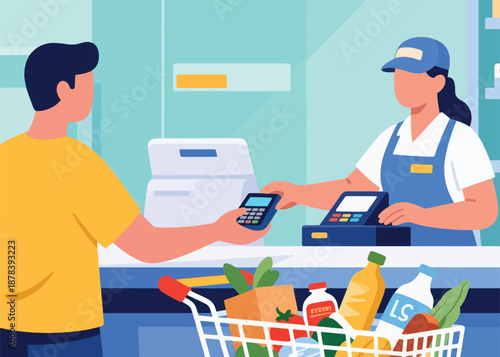 Someone is paying at the supermarket cashier Illustrator Artwork Creative Design Template 