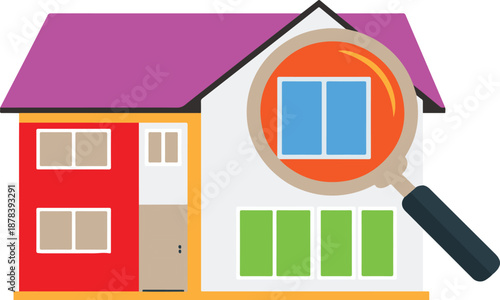 Colorful house with magnifying glass examining windows home building