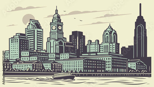 Philadelphia skyline retro buildings and boat create vintage city landscape. Suitable for travel posters, city guides, historical websites, and vintagethemed designs.