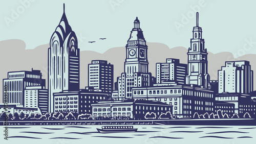 Philadelphia skyline featuring a river boat offering beautiful view distinct from clevelands waterfront, perfect for travel brochures and city comparisons.