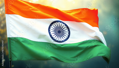 Indian National Flag Waving in the Wind Against a Sunny Blurred Nature Background Independence Day. 