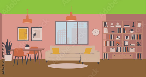 Cozy Living Room with Bookshelf and Dining Area in Pink Tones interior dining room