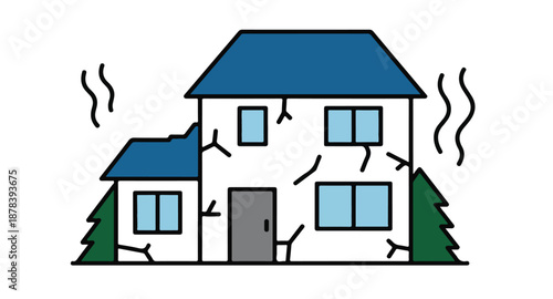 Damaged House Illustration with Cracks and Smoke vector