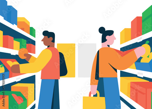 Two People Shopping at the Supermarket Illustrator Artwork Creative Design Template 