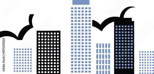 Modern cityscape illustration featuring tall buildings and flying birds against a clear sky
