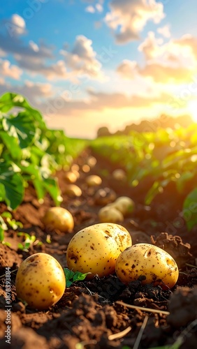 Harvested potatoes lay on brown earth in a sunny field under a blue sky with scattered clouds