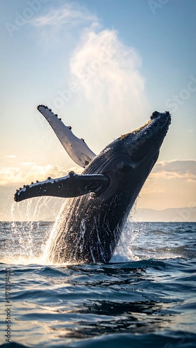 A majestic whale breaches the surface, its massive form contrasting with the blue ocean and sunlight