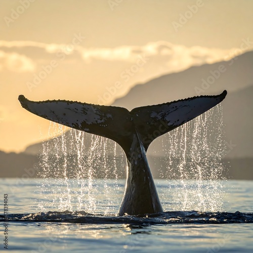 A majestic whale's tail breaks the surface, showcasing its immense size and grace under a warm, golden sunrise