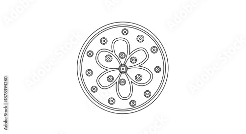 Intricate circular sequin patch design featuring a floral motif, isolated on a white background, emphasizing geometric symmetry and minimalistic elegance