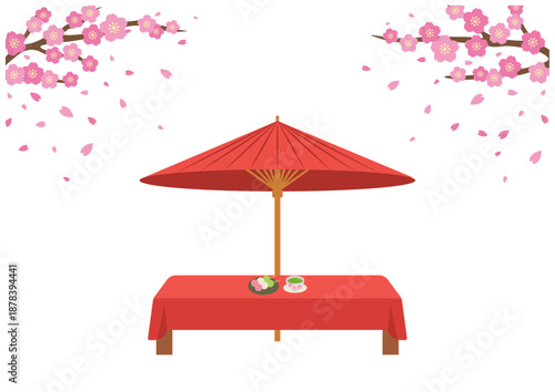 桜と和傘・縁台のイラスト｜春の和風背景素材