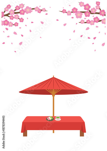 縦構図の和傘と縁台、桜のイラスト｜春の和風背景