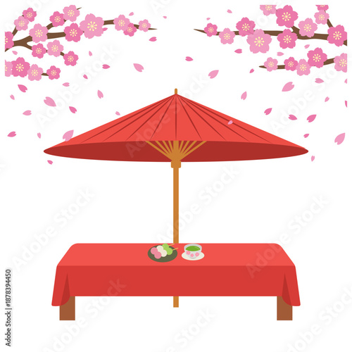 桜舞う和傘と縁台のイラスト｜春の日本風景