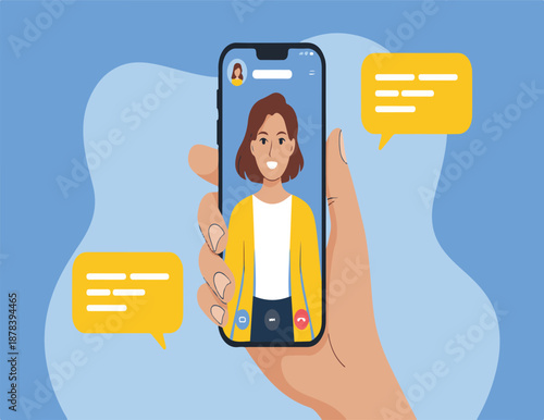 Hand Holding Smartphone with Video Call and Chat Bubbles vector illustration