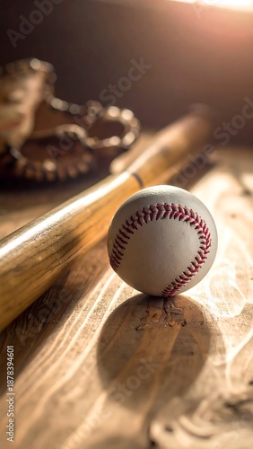 A baseball, bat, and glove are arranged on a wooden surface, lit by natural light