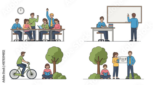 A series of illustrations depicting students and teachers in various educational settings