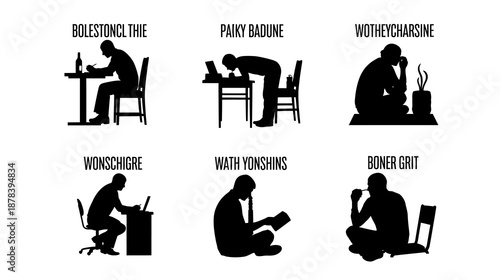 Six different silhouettes of people working in various settings and positions