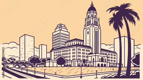 Los angeles skyline and city hall in a beautiful californian landmark scene. Suitable for travel blogs, promotional materials, and digital presentations.