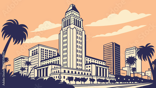 Los angeles skyline captures the iconic city hall and palm trees, showcasing a vibrant california scene. Suitable for travel brochures and postcards.