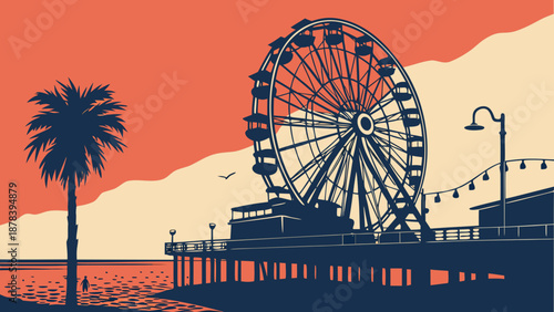 Los angeles skyline and santa monica pier with palm tree framing. Suitable for travel blogs, california promotions, city guides, and social media posts.