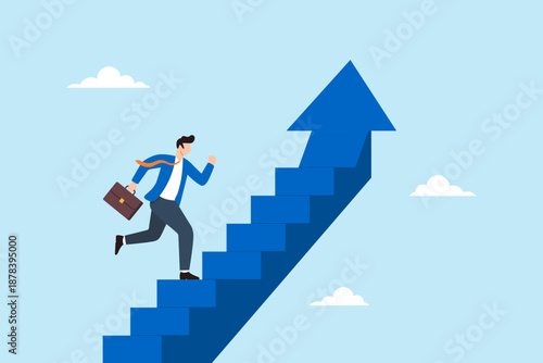 Flat illustration of ambitious businessman running up staircase shaped like upward arrow representing career growth professional progress rising success and business achievement