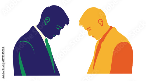 Two men in business attire looking down in a confrontational or disappointed stance