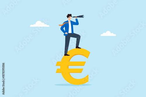 Flat illustration of businessman standing on euro currency symbol looking through telescope representing financial forecast market opportunity global economic vision and investment outlook