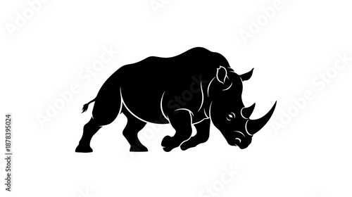 Black silhouette of a rhino walking on white background