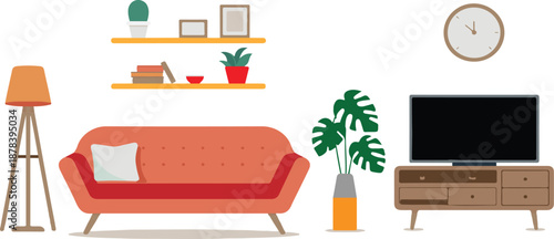 Living room furniture and decor elements isolated on white sofa couch