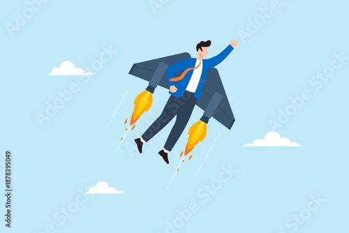 Flat illustration of ambitious businessman flying upward using jet wings representing innovation rapid progress career acceleration and breakthrough business growth