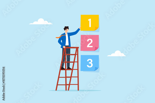 Flat illustration of businessman standing on ladder arranging numbered levels showing priority order task planning goal setting and progressive achievement process