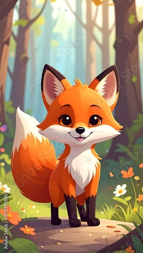 Cute fox cartoon standing in a sunny, leafy forest with wildflowers and tall trees in the background
