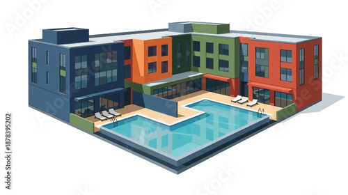 Isometric view of a modern apartment building with swimming pool