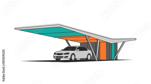A white car parked under a modern colorful carport shelter