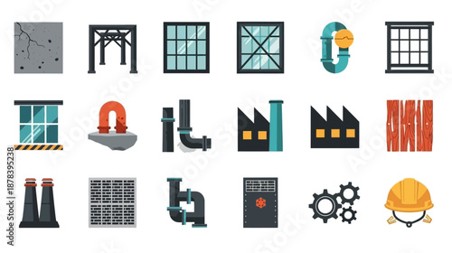 Industrial icons set including machinery windows factories and safety equipment