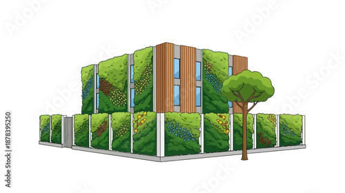 A building covered in green plants and flowers with a tree in front