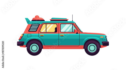 A teal and orange suv with a surfboard on top