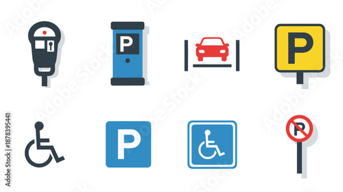 Collection of parking and transportation related icons and signs