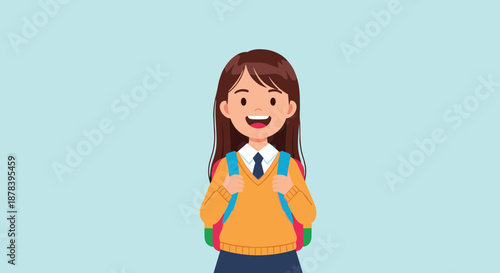 Smiling young schoolgirl wearing a uniform and carrying a backpack standing against a plain light blue background ready for her first day.