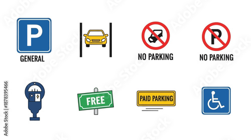 Collection of parking signs and symbols for guidance