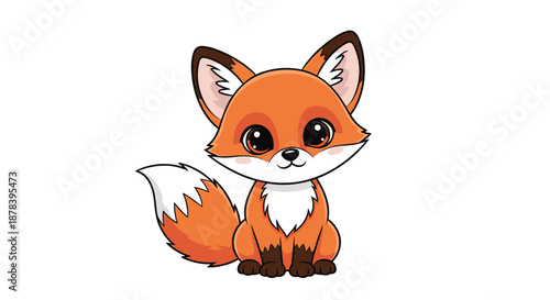 Adorable little orange fox sitting peacefully with big expressive eyes and a fluffy tail against a clean white background for kids art.