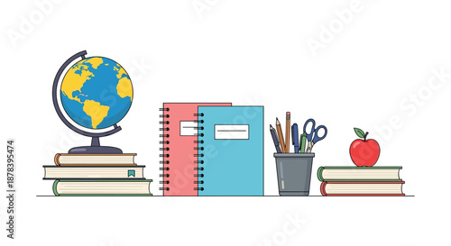 Organized school supplies set including a globe and notebooks plus pencils and a red apple on a stack of books for education concepts design.