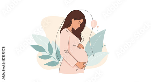 Gentle illustration of a pregnant woman in profile touching her belly with soft green leaves and abstract shapes in background for motherhood.