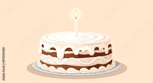 Simple delicious chocolate layer cake with white icing and one lit candle on top representing a first birthday or special anniversary celebration.