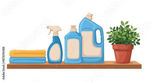 Wooden shelf holding various blue cleaning product bottles and folded towels and a healthy green potted plant for home organization concept.