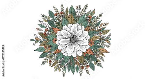 Ornate circular floral arrangement featuring a large central flower surrounded by layers of various leaves and smaller blossoms in art style.