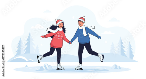 Happy couple holding hands and ice skating together on a frozen lake in a serene winter landscape with snowy pine trees and mountain peaks.
